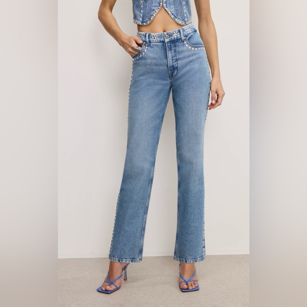 🌟RARE🌟Good American GOOD ICON STUDDED STRAIGHT JEANS | INDIGO895 | 6 | NWT - Picture 6 of 11